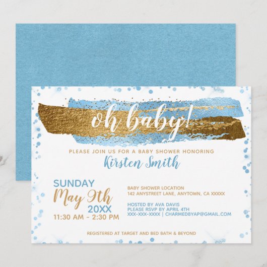 Oh Baby Blue Gold Simple Elegany Baby Shower Einladung (Vorne/Hinten)