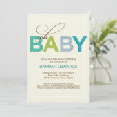 Oh Baby Blue Green Type Baby Dusche Einladung (Stehend Vorderseite)
