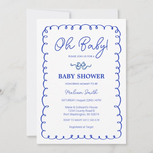 Oh Baby Blue Hand Drawing Baby Shower Einladung (Vorderseite)