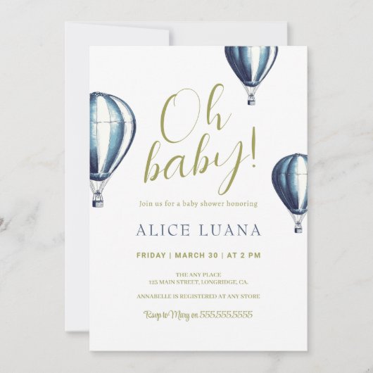 Oh Baby Blue Hot Air Balloon Baby Dusche Einladung (Vorderseite)