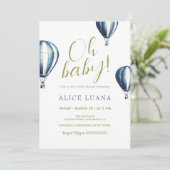 Oh Baby Blue Hot Air Balloon Baby Dusche Einladung (Stehend Vorderseite)