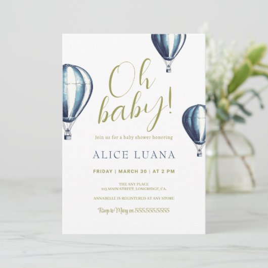Oh Baby Blue Hot Air Balloon Baby Dusche Einladung (Stehend Vorderseite)