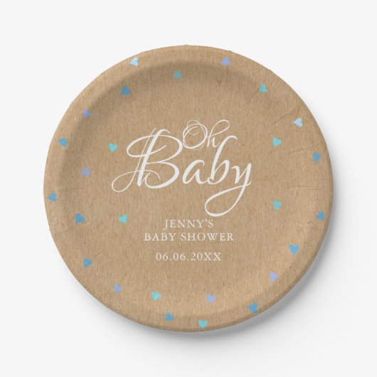 Oh Baby Blue Liebe Hearts Babydusche / Sprinkle Pappteller (Vorderseite)