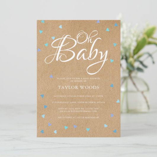 Oh Baby Blue Liebe Herz Babydusche / Sprinkle Einladung (Stehend Vorderseite)