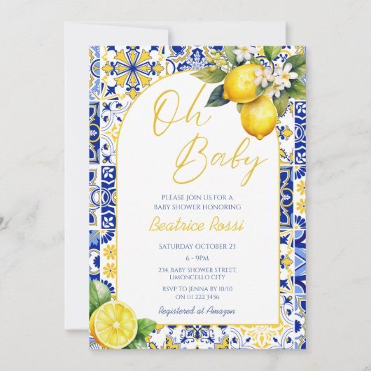 Oh Baby Blue Mediterrane Tile Lemon Babydusche Einladung (Vorderseite)