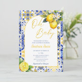 Oh Baby Blue Mediterrane Tile Lemon Babydusche Einladung (Stehend Vorderseite)