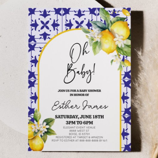 Oh, Baby! Blue Mediterranean Tile Lemon Babydusche Einladung