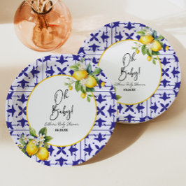 Oh, Baby! Blue Mediterranean Tile Lemon Babydusche Pappteller