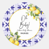 Oh, Baby! Blue Mediterranean Tile Lemon Babydusche Runder Aufkleber (Vorderseite)