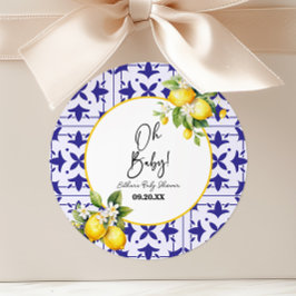 Oh, Baby! Blue Mediterranean Tile Lemon Babydusche Runder Aufkleber