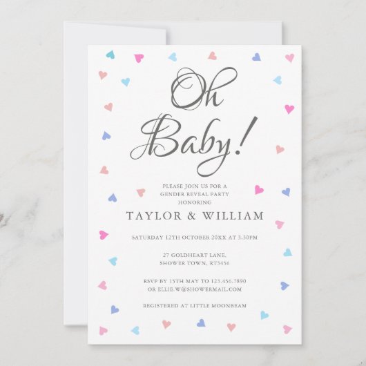 Oh Baby Blue Pink Hearts Gender Reveal Party Einladung (Vorderseite)