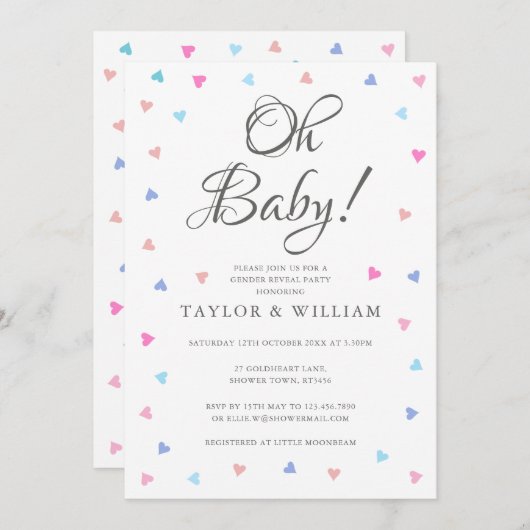 Oh Baby Blue Pink Hearts Gender Reveal Party Einladung (Vorne/Hinten)