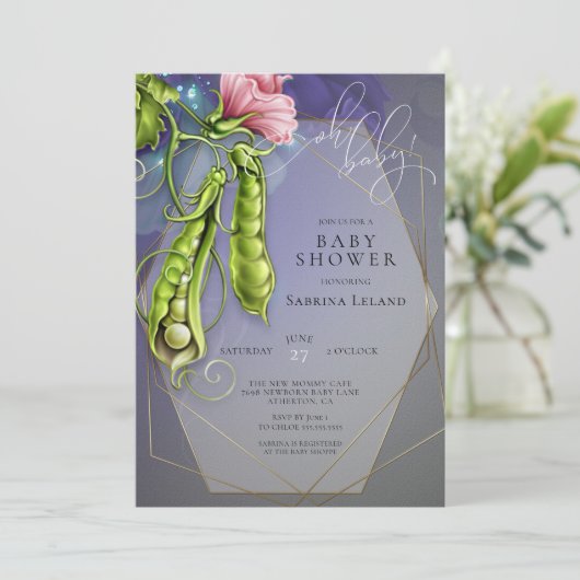 Oh Baby Blue - Platterbsen in einer Pod Baby Dusch Einladung (Stehend Vorderseite)