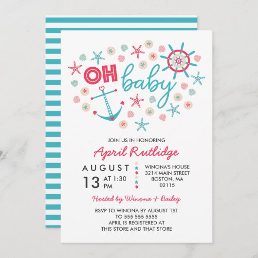 Oh Baby Blue & Red Nautical Baby Dusche Einladung (Vorne/Hinten)