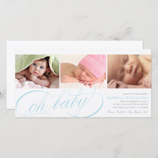 Oh Baby | Blue Script Birth Announcement Ankündigung (Vorne/Hinten)