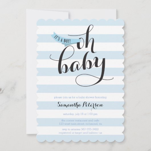 Oh Baby Blue Stripes Baby Dusche einladen Einladung (Vorderseite)