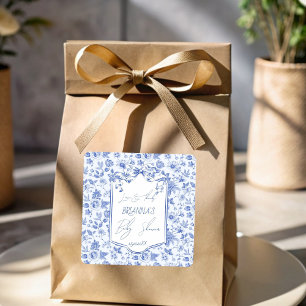 Oh Baby Blue Toile Skizze Baby Shower Geschenk Quadratischer Aufkleber