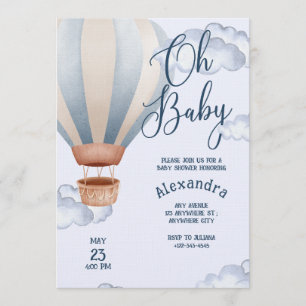 Oh Baby Blue Wasserfarbe Luftballon Baby Shower   Einladung