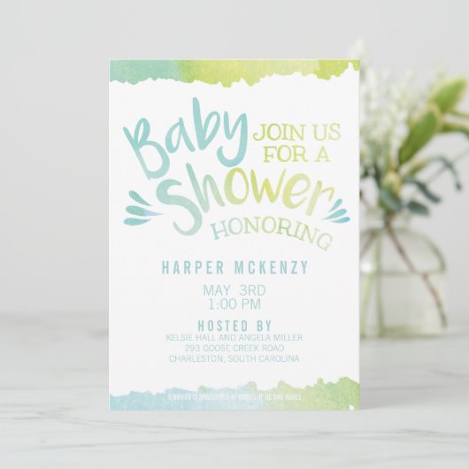 Oh Baby Blue Watercolor Baby Dusche Einladung (Stehend Vorderseite)