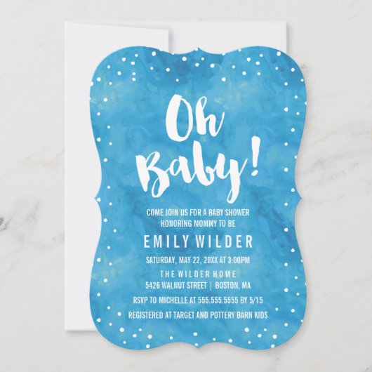 Oh Baby Blue Watercolor Baby Dusche Einladung (Vorderseite)