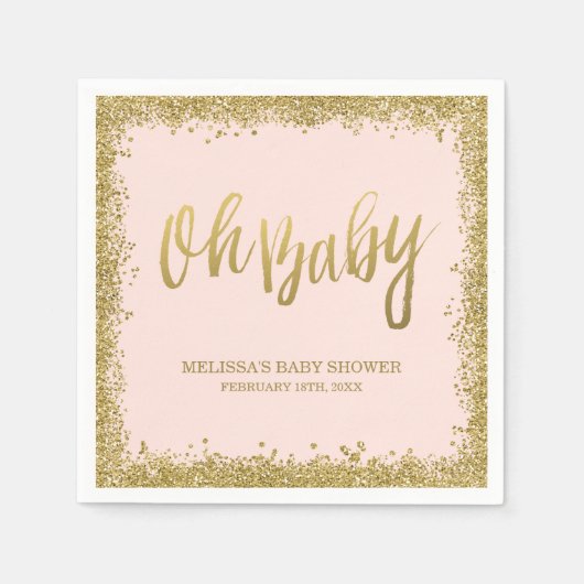 Oh Baby Blush Pink Gold Glitzer Babydusche Serviette (Vorderseite)