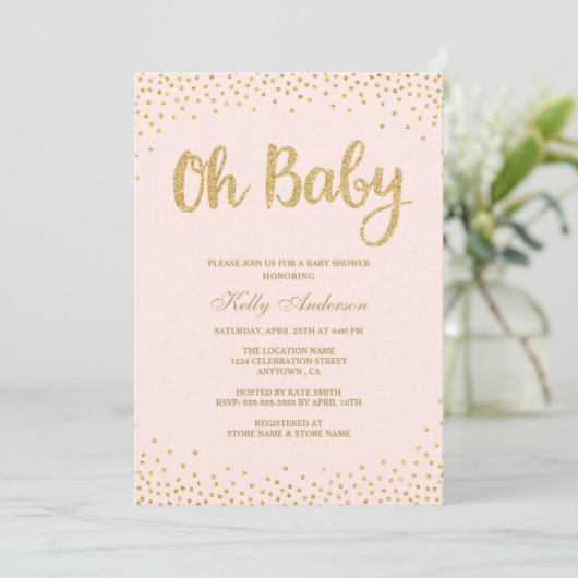 Oh Baby Blush Pink Gold Glitzer Babyduschkarte Einladung (Stehend Vorderseite)