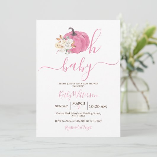 Oh Baby Blush Pink Pumpkin Floral Baby Dusche Einladung (Stehend Vorderseite)