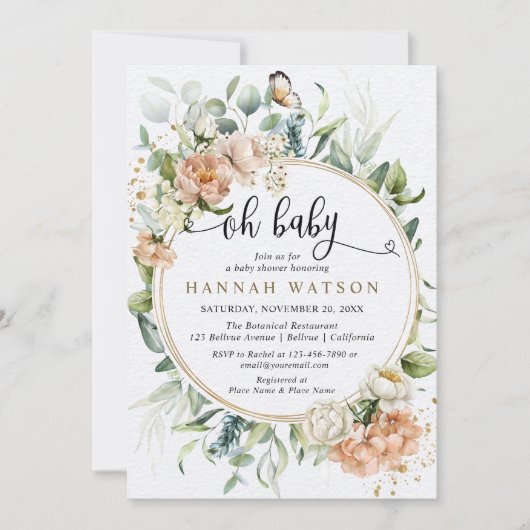 Oh Baby Blush Pink Rose Eucalyptus Baby Dusche Einladung (Vorderseite)