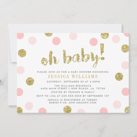 Oh Baby Blush Pink und Gold Baby Dusche Einladung (Vorderseite)