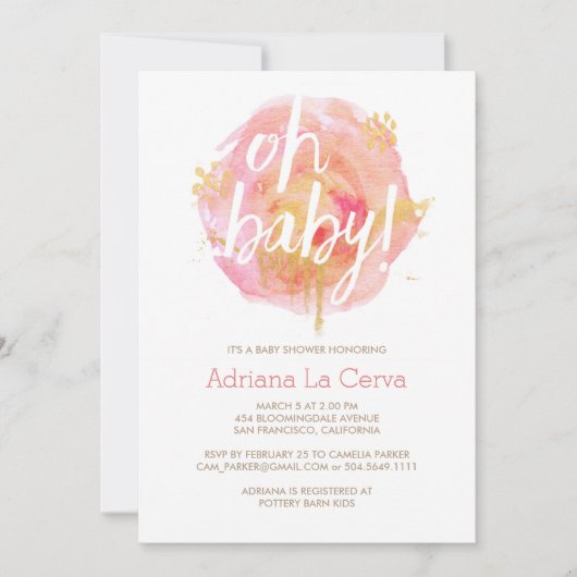 Oh Baby Blush Wasserfarbe Kinderdusche Einladung (Vorderseite)