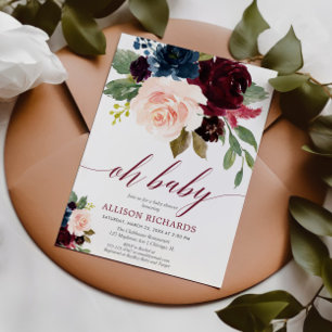 Oh Baby, blütenrosa Marsala blaue Babydusche Einladung