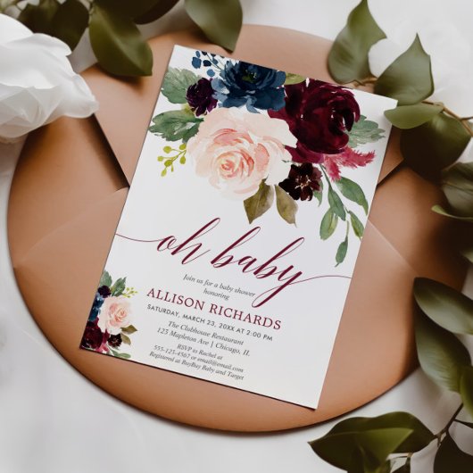 Oh Baby, blütenrosa Marsala blaue Babydusche Einladung