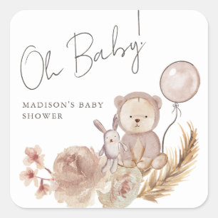 Oh Baby Boho Botanical mit Sweet Bear Baby Dusche Quadratischer Aufkleber