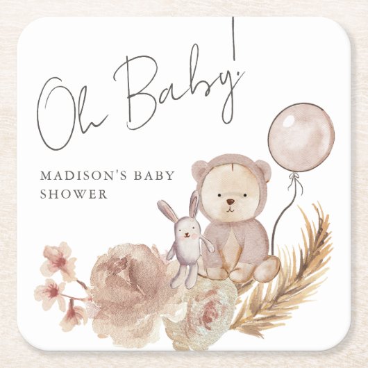 Oh Baby Boho Botanical mit Sweet Bear Baby Dusche Rechteckiger Pappuntersetzer (Vorderseite)