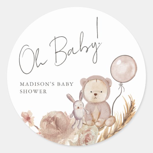 Oh Baby Boho Botanical mit Sweet Bear Baby Dusche Runder Aufkleber (Vorderseite)