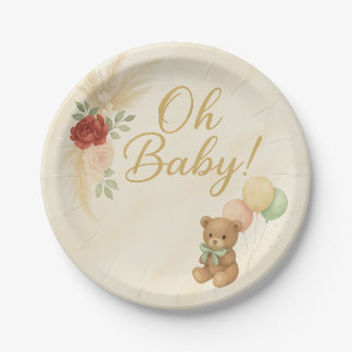 Oh Baby Boho Teddy Bär Baby Shower Runde Platte Pappteller