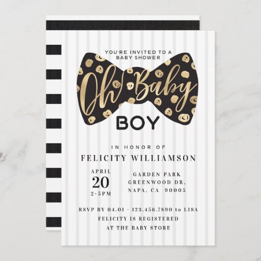 Oh Baby Boy Black & Gold Bow Krawatte Babyduschkar Einladung (Vorne/Hinten)