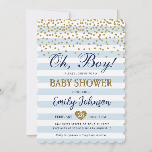 Oh Baby Boy Blue Gold Baby Dusche Einladung (Vorderseite)