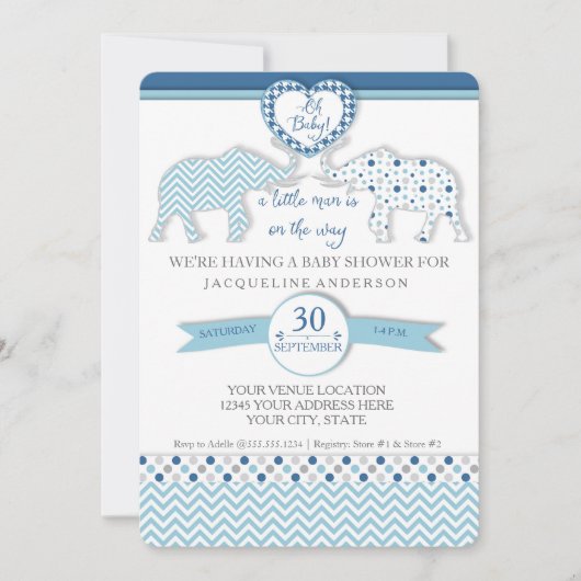 Oh Baby BOY Dusche Herz Elefanten Kleiner Mann Einladung (Vorderseite)