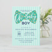 Oh Baby Boy Green & Navy Bow Krawatte Einladung (Stehend Vorderseite)