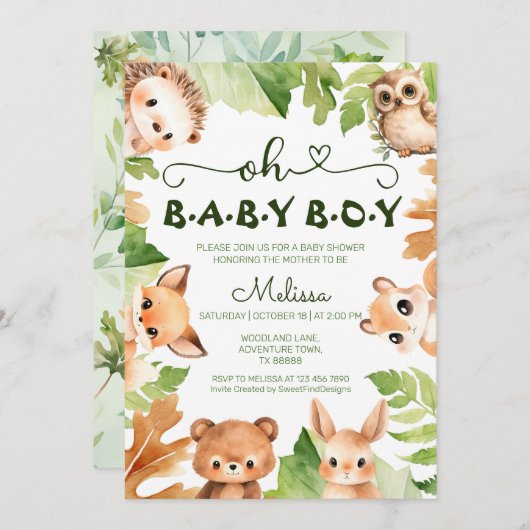 Oh Baby Boy Spring Forest Animals Baby Dusche Einladung (Vorne/Hinten)