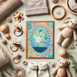 Oh Baby Boy Stork Whimsical Niedlich Blue Karte