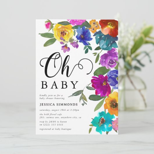 Oh Baby Bright & Bold Florals Baby Dusche Einladung (Stehend Vorderseite)