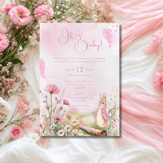 Oh Baby Bunny Rabbit Pink Aquarell Babydusche Einladung