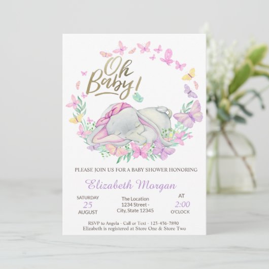 Oh Baby Butterflies Baby Elephant Baby Shower Einladung (Stehend Vorderseite)