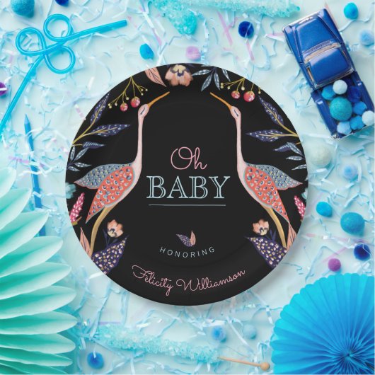 Oh Baby | Chic Floral Botanical Stork Baby Shower Pappteller (Party)