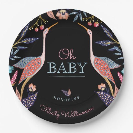 Oh Baby | Chic Floral Botanical Stork Baby Shower Pappteller (Vorderseite)