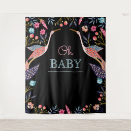 Oh Baby | Chic Floral Botanical Stork Baby Shower Wandteppich
