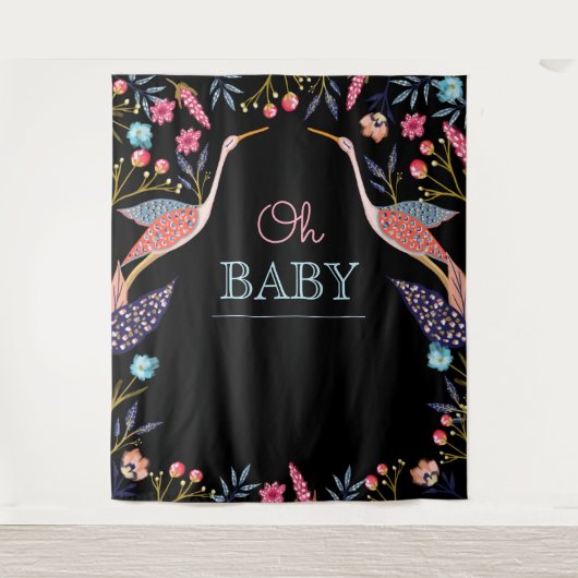 Oh Baby | Chic Floral Botanical Stork Baby Shower Wandteppich (Vorderseite)