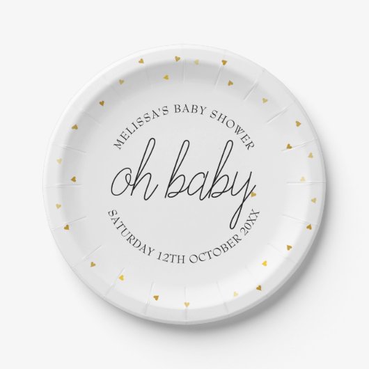 Oh Baby Chic Script Gold Heart Baby Dusche Pappteller (Vorderseite)